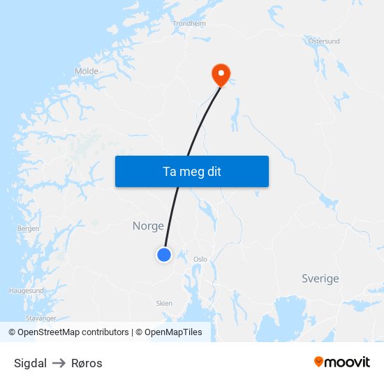 Sigdal to Røros map