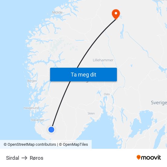 Sirdal to Røros map