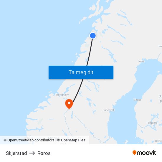 Skjerstad to Røros map