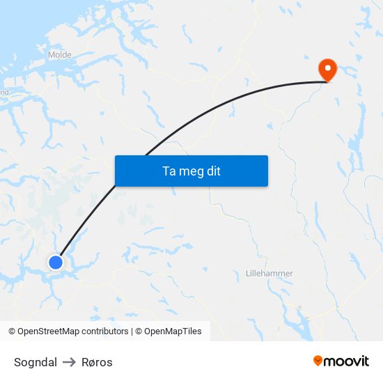 Sogndal to Røros map