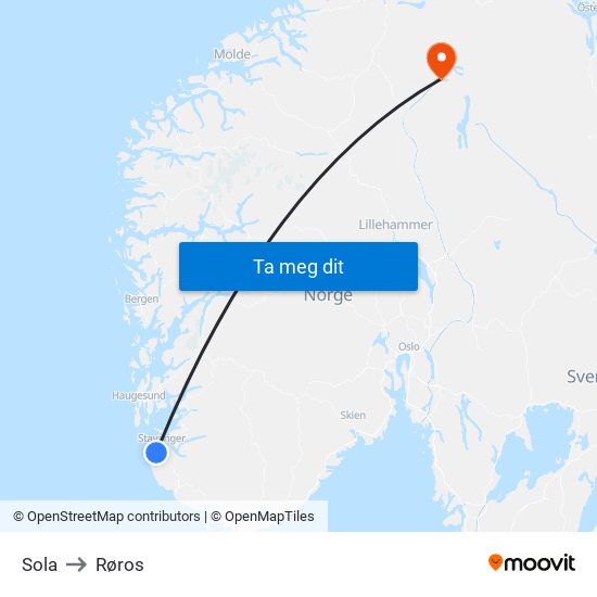 Sola to Røros map