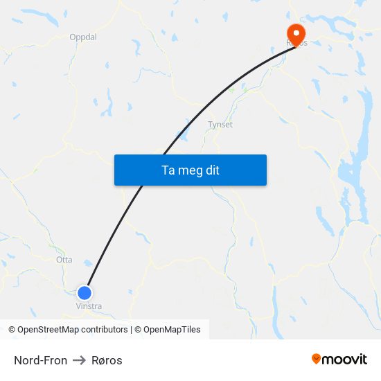 Nord-Fron to Røros map