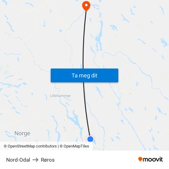 Nord-Odal to Røros map