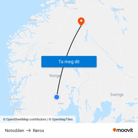 Notodden to Røros map