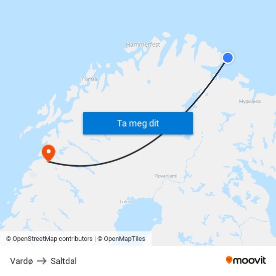 Vardø to Saltdal map