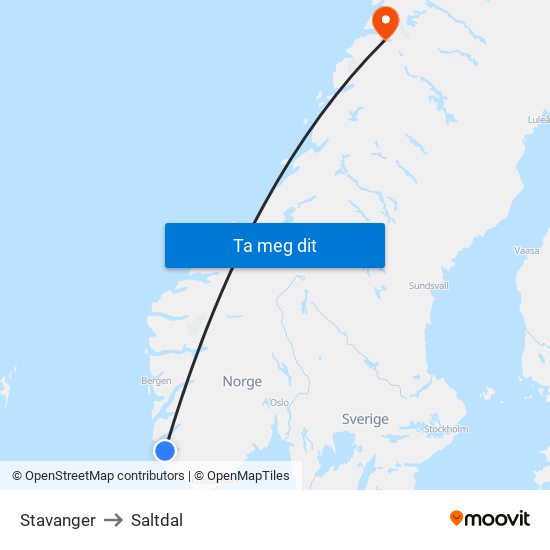 Stavanger to Saltdal map