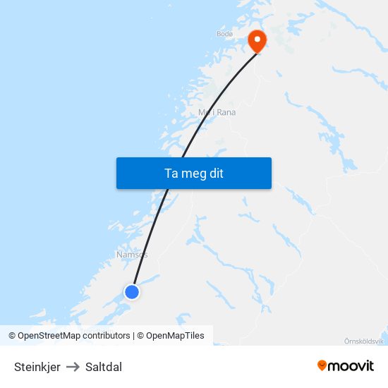 Steinkjer to Saltdal map