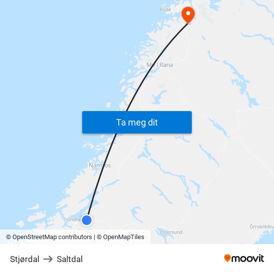 Stjørdal to Saltdal map