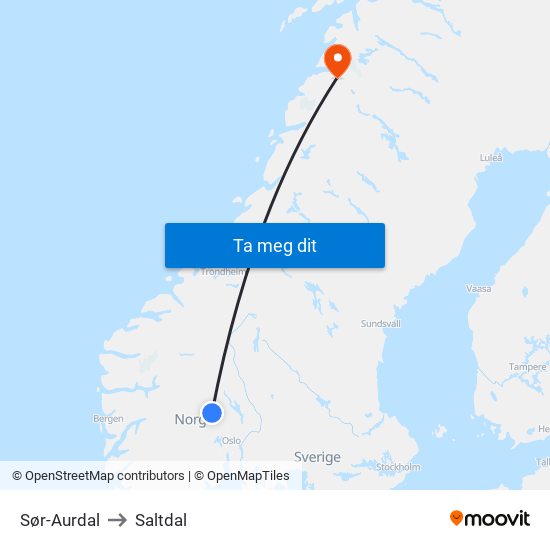 Sør-Aurdal to Saltdal map