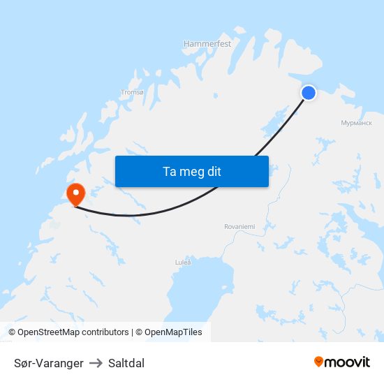 Sør-Varanger to Saltdal map