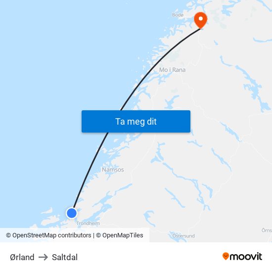 Ørland to Saltdal map
