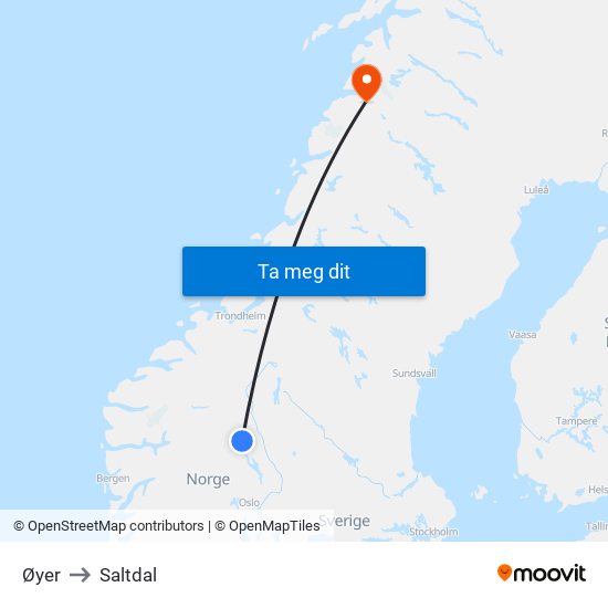 Øyer to Saltdal map