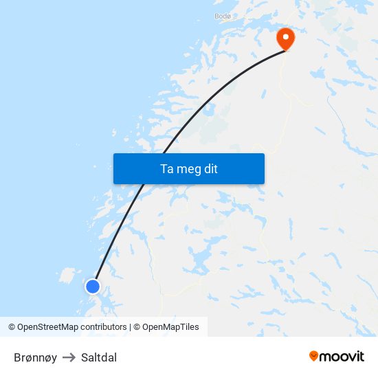 Brønnøy to Saltdal map