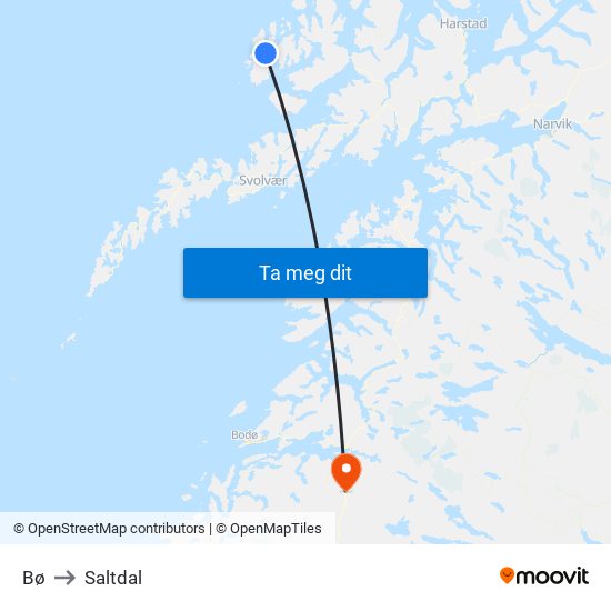 Bø to Saltdal map