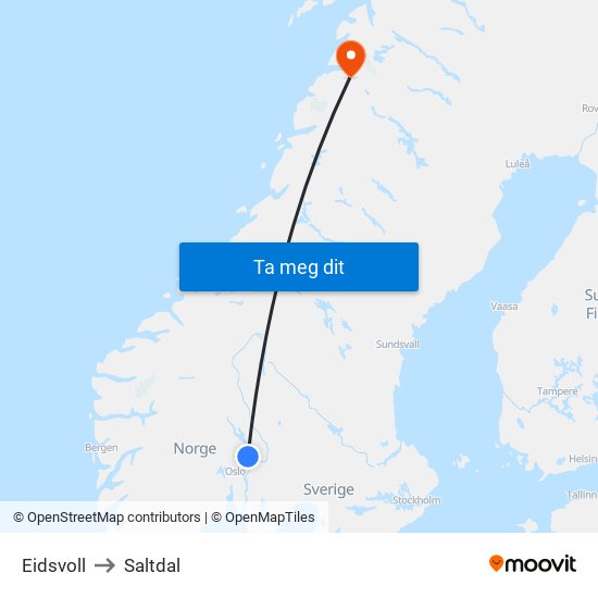Eidsvoll to Saltdal map