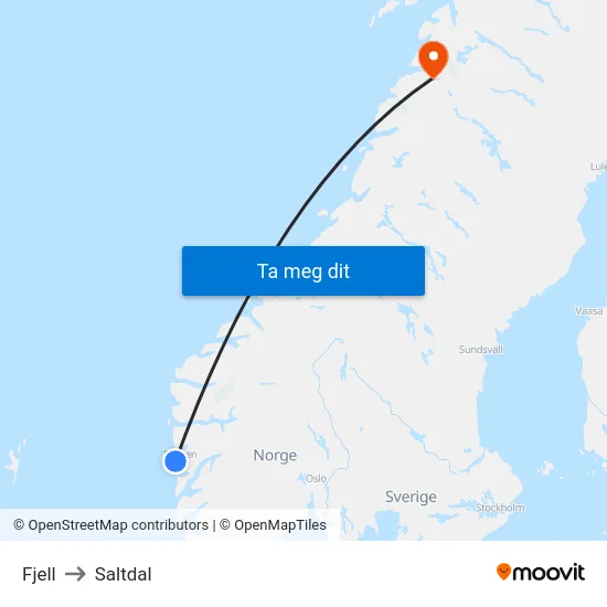 Fjell to Saltdal map