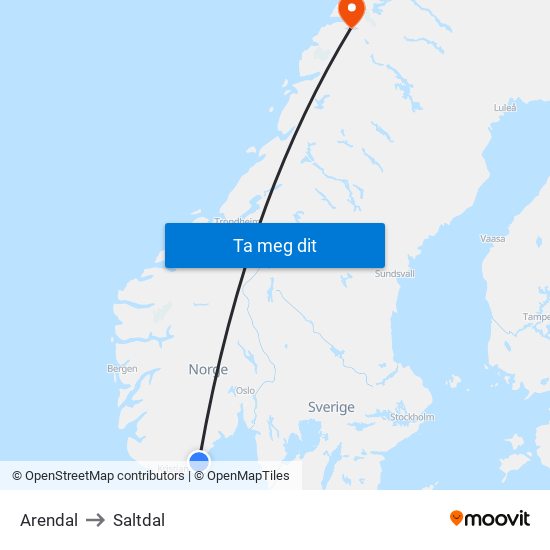 Arendal to Saltdal map