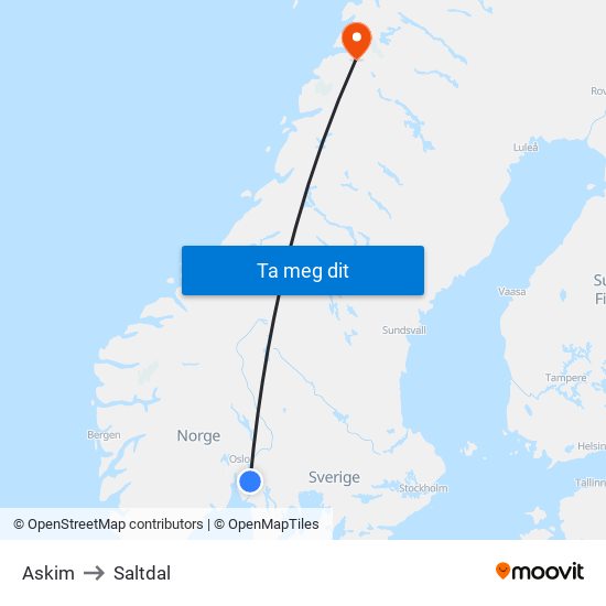 Askim to Saltdal map