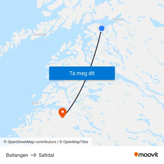 Ballangen to Saltdal map
