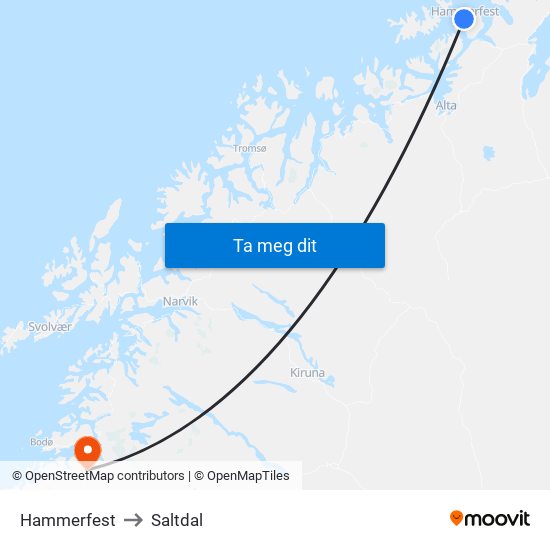 Hammerfest to Saltdal map