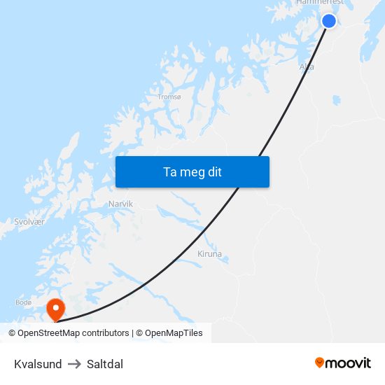 Kvalsund to Saltdal map