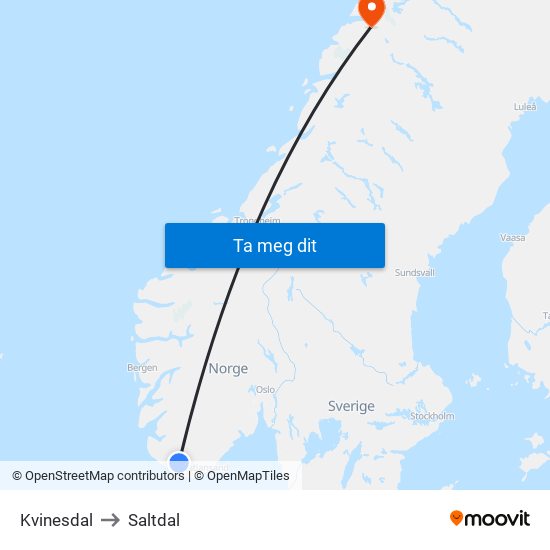 Kvinesdal to Saltdal map