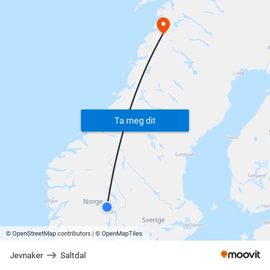 Jevnaker to Saltdal map