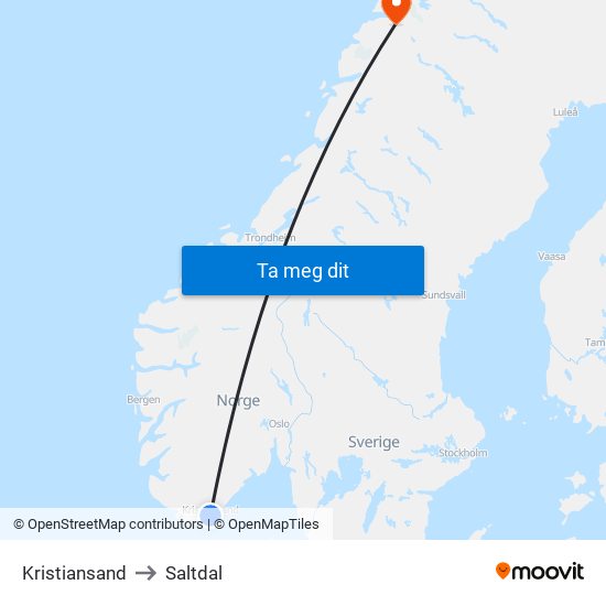 Kristiansand to Saltdal map