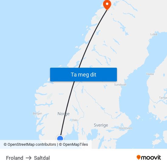 Froland to Saltdal map