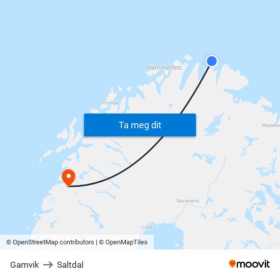 Gamvik to Saltdal map