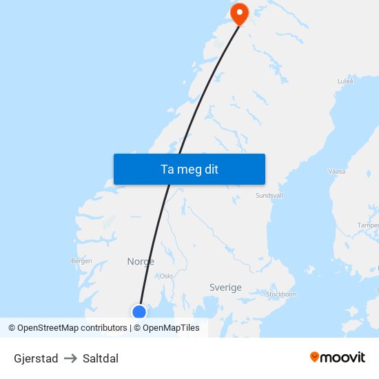 Gjerstad to Saltdal map