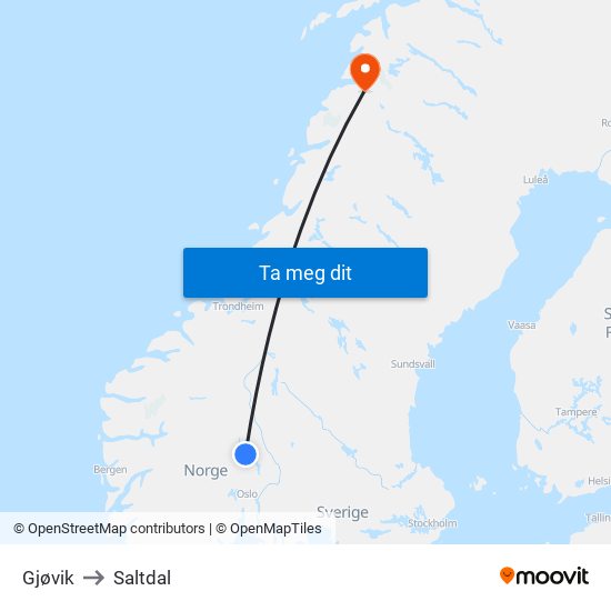 Gjøvik to Saltdal map