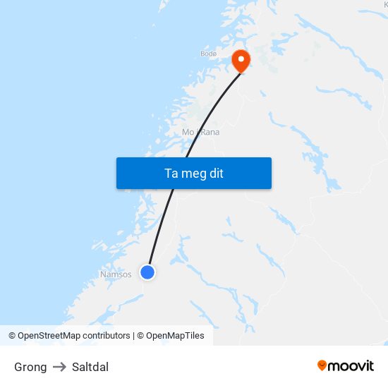 Grong to Saltdal map