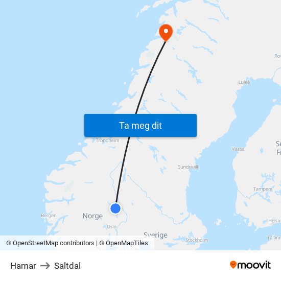 Hamar to Saltdal map