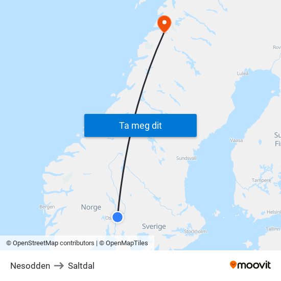 Nesodden to Saltdal map