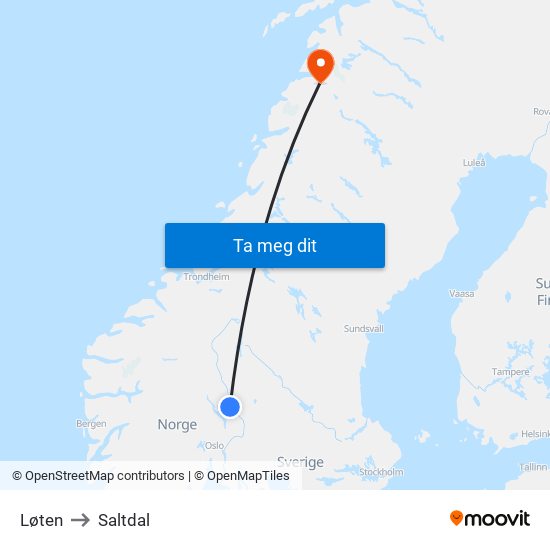 Løten to Saltdal map