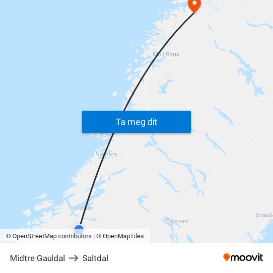 Midtre Gauldal to Saltdal map