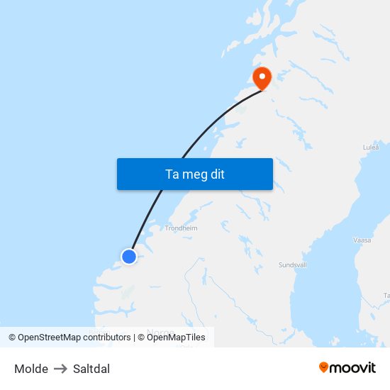 Molde to Saltdal map