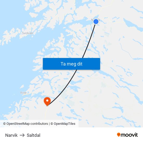 Narvik to Saltdal map