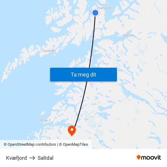Kvæfjord to Saltdal map