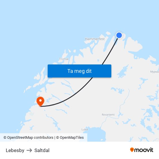 Lebesby to Saltdal map