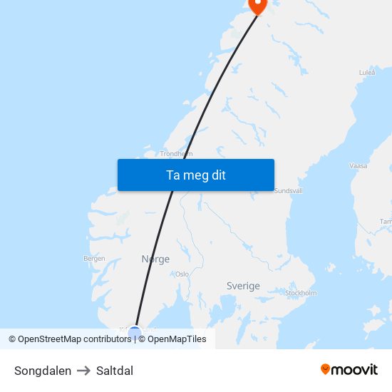 Songdalen to Saltdal map