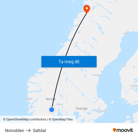 Notodden to Saltdal map