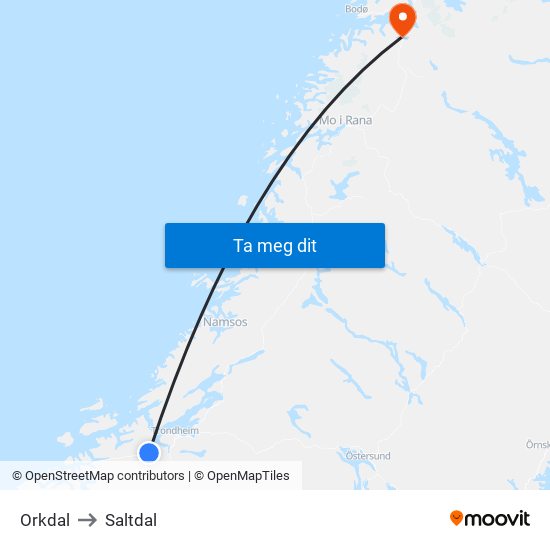 Orkdal to Saltdal map