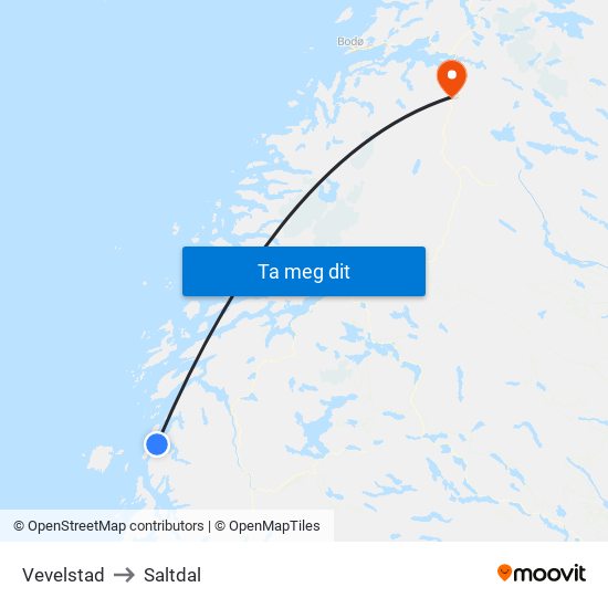 Vevelstad to Saltdal map