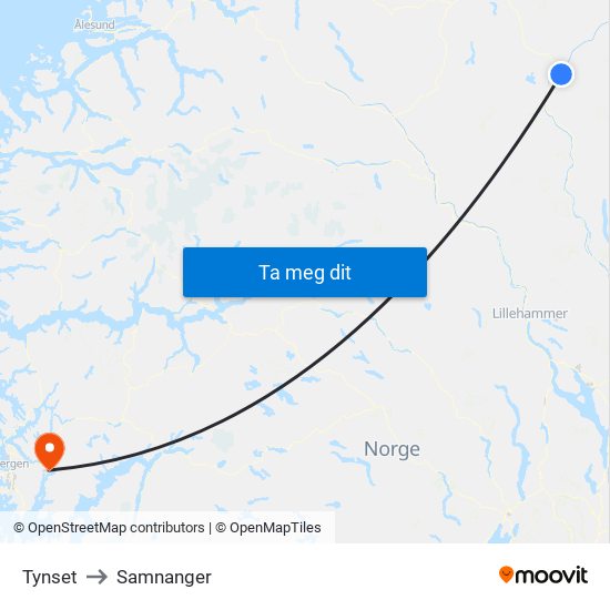 Tynset to Samnanger map