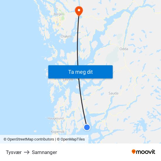 Tysvær to Samnanger map