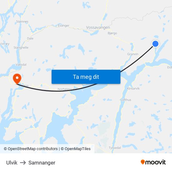 Ulvik to Samnanger map