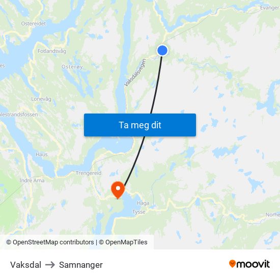 Vaksdal to Samnanger map