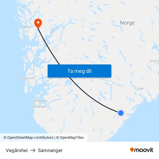 Vegårshei to Samnanger map